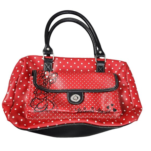 Disney Parks Minnie Mouse Red Polka Dot Handbag With Black Handles - Picture 1 of 9